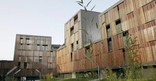 Edificios modernos con diseño de madera.